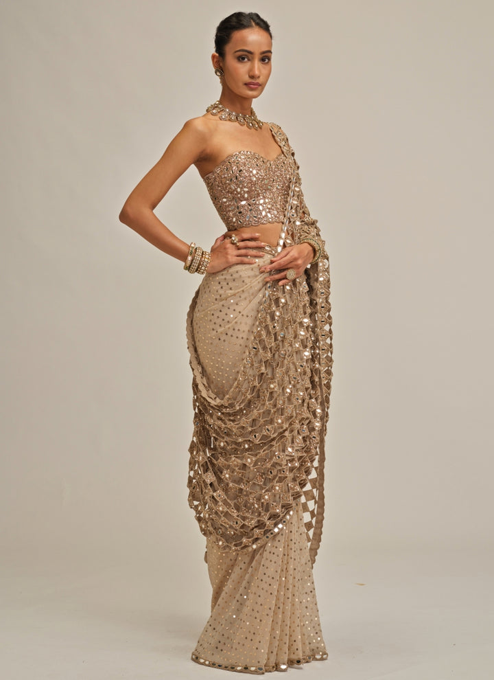 Beige Gold Crepe Cutwork Pallu Pre-Draped Saree With Corset Blouse