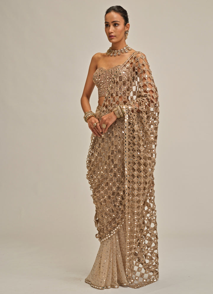 Beige Gold Crepe Cutwork Pallu Pre-Draped Saree With Corset Blouse