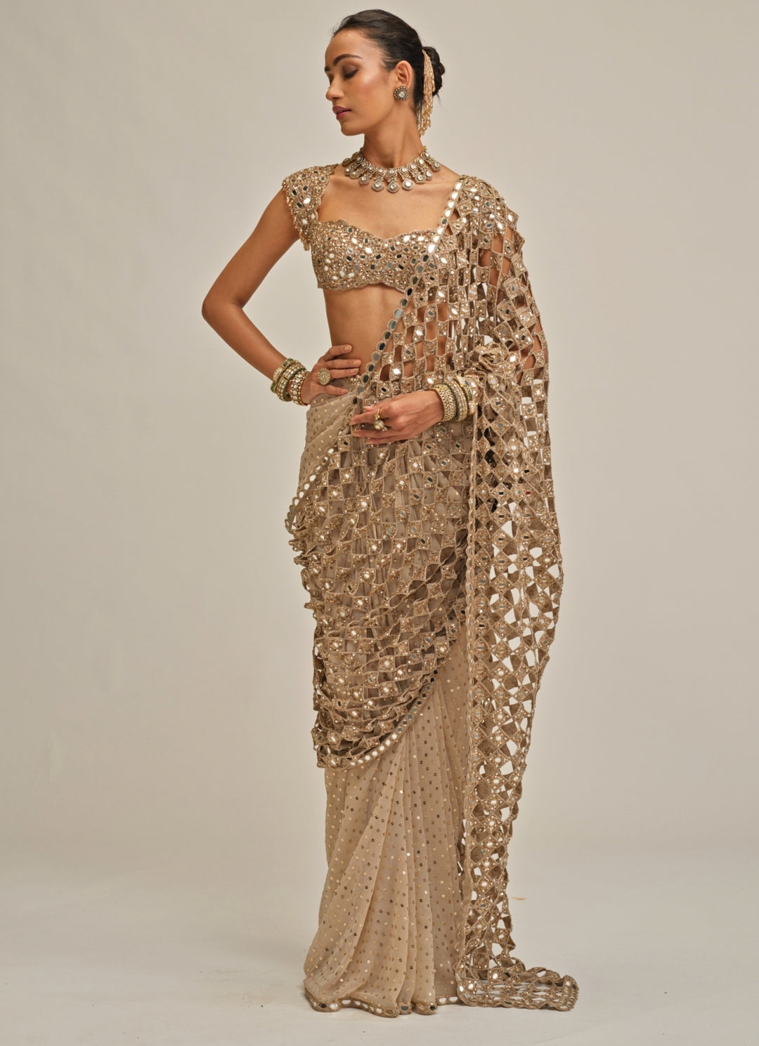 Beige Gold Georgette Cutwork Pallu Pre-Draped Saree