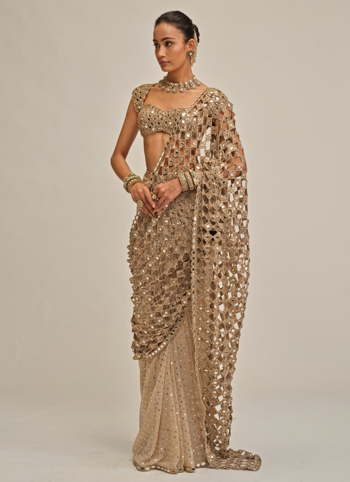 Beige Gold Georgette Cutwork Pallu Pre-Draped Saree