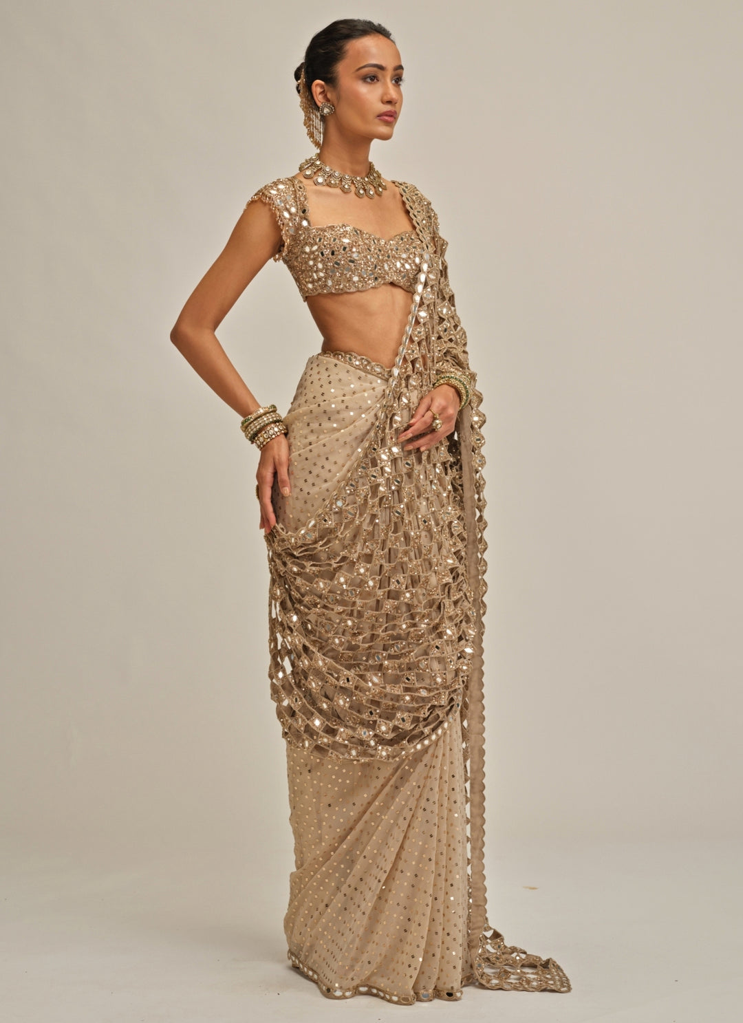 Beige Gold Georgette Cutwork Pallu Pre-Draped Saree