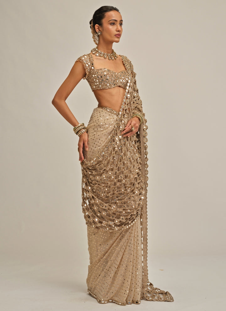 Beige Gold Georgette Cutwork Pallu Pre-Draped Saree
