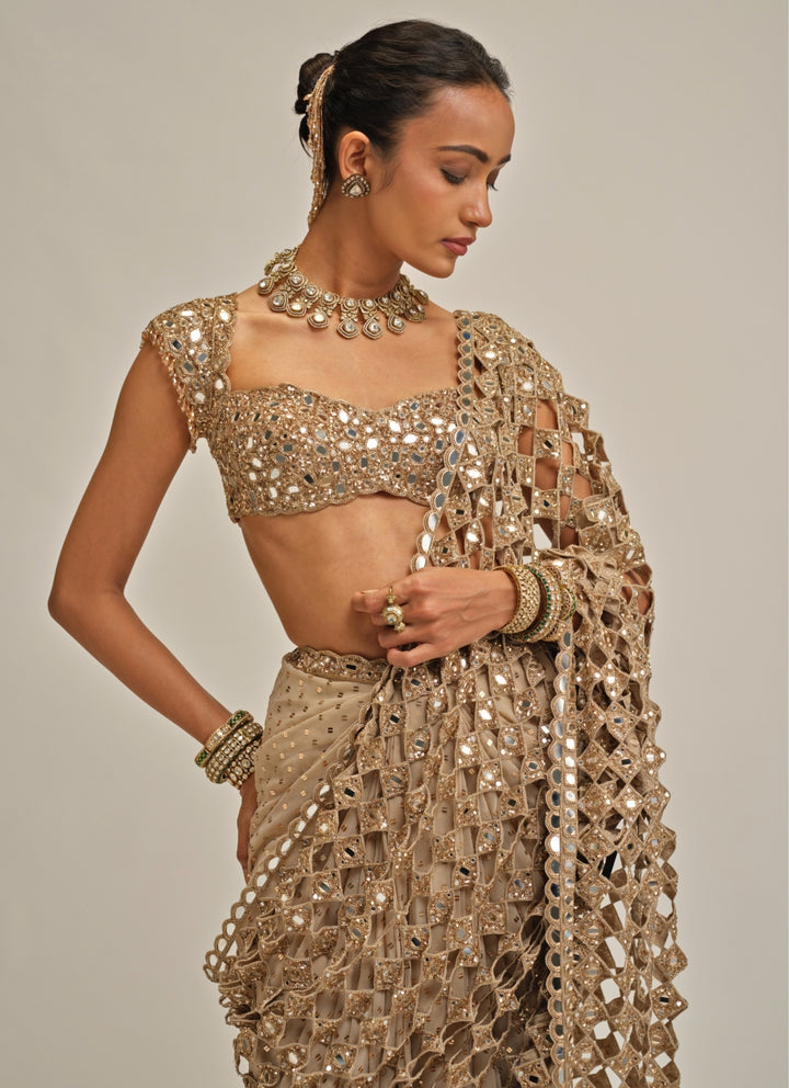 Beige Gold Georgette Cutwork Pallu Pre-Draped Saree