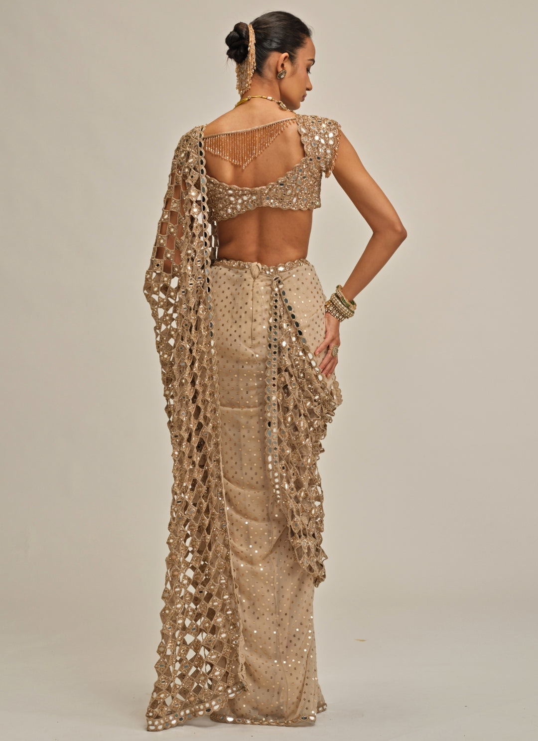 Beige Gold Georgette Cutwork Pallu Pre-Draped Saree