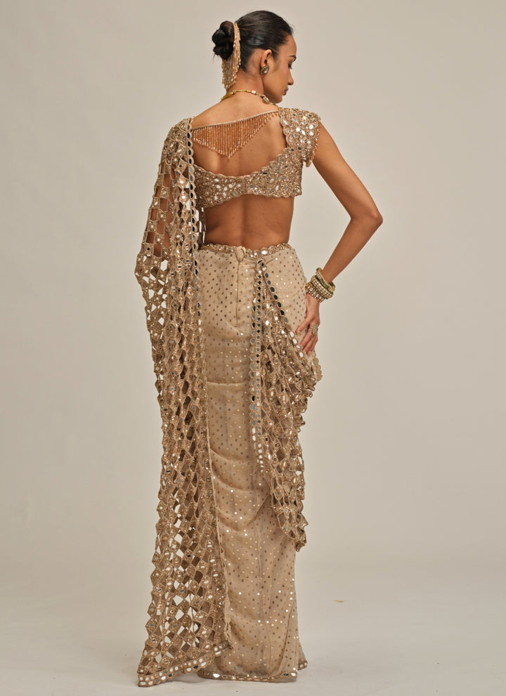 Beige Gold Georgette Cutwork Pallu Pre-Draped Saree