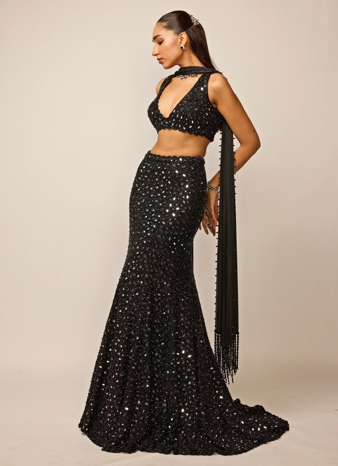 Black Soft Net Mermaid Lehenga Set