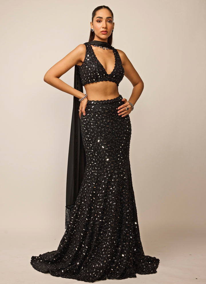 Black Soft Net Mermaid Lehenga Set