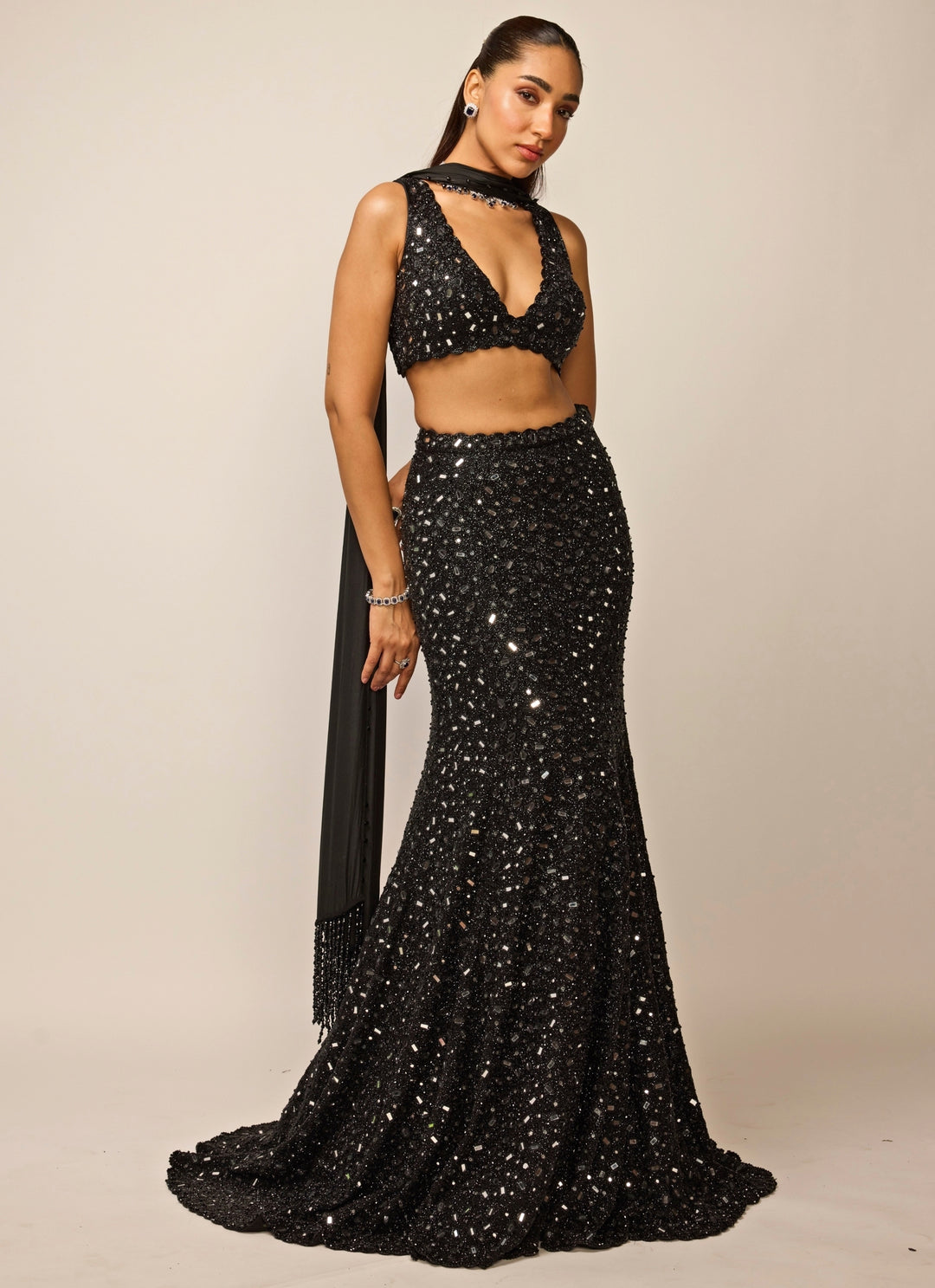 Black Soft Net Mermaid Lehenga Set