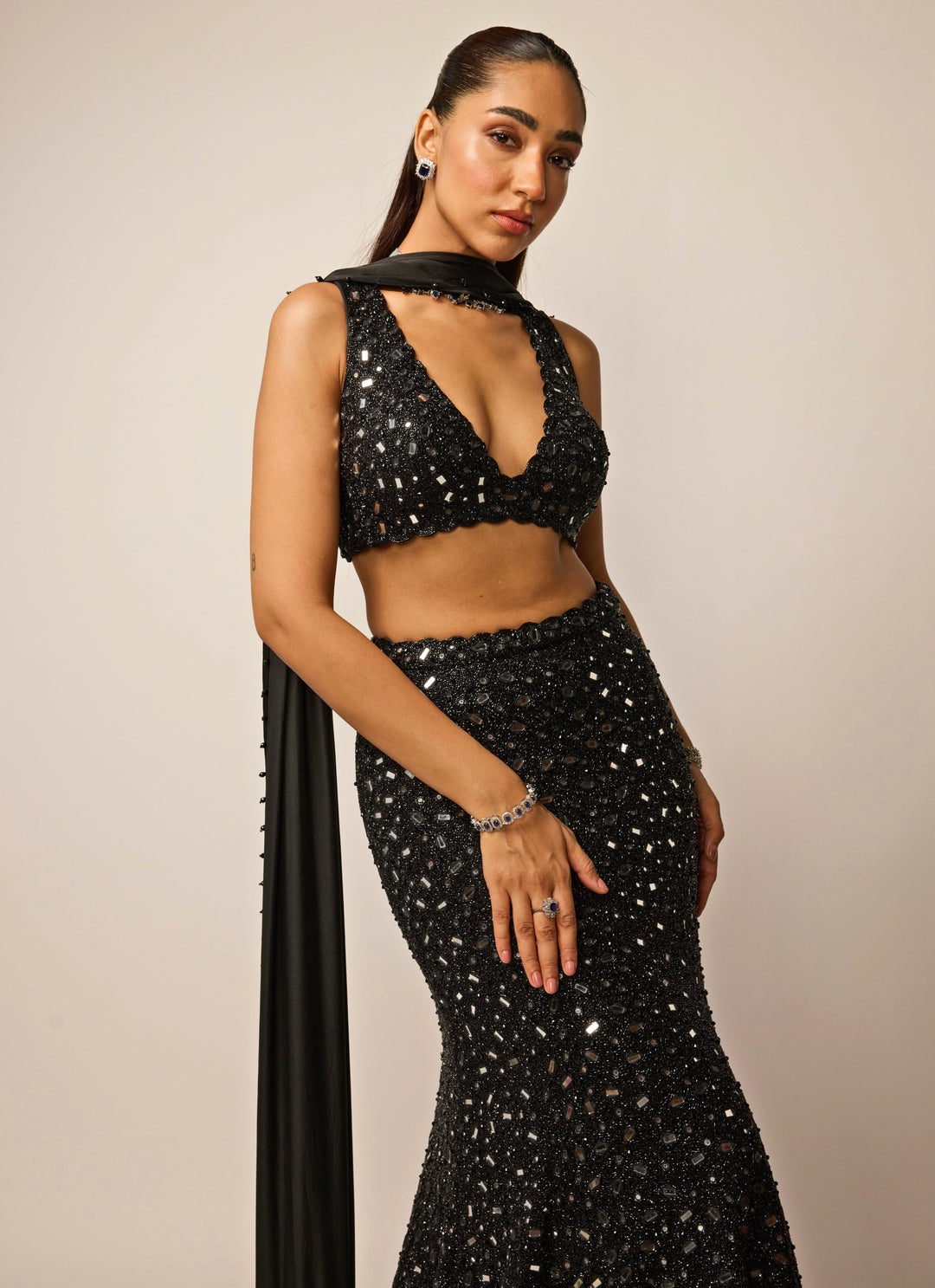 Black Soft Net Mermaid Lehenga Set