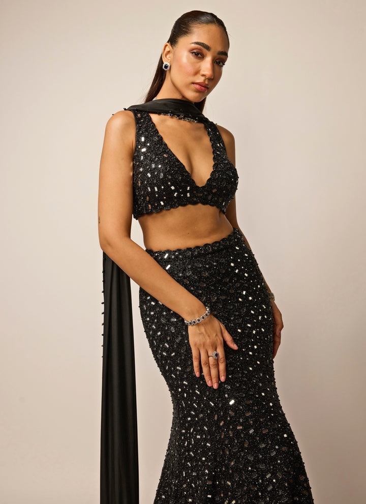 Black Soft Net Mermaid Lehenga Set