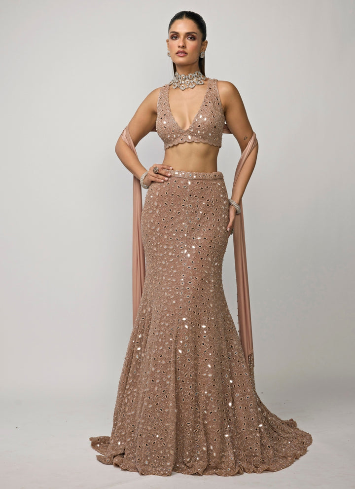 Copper Brown Soft Net Mermaid Lehenga Set