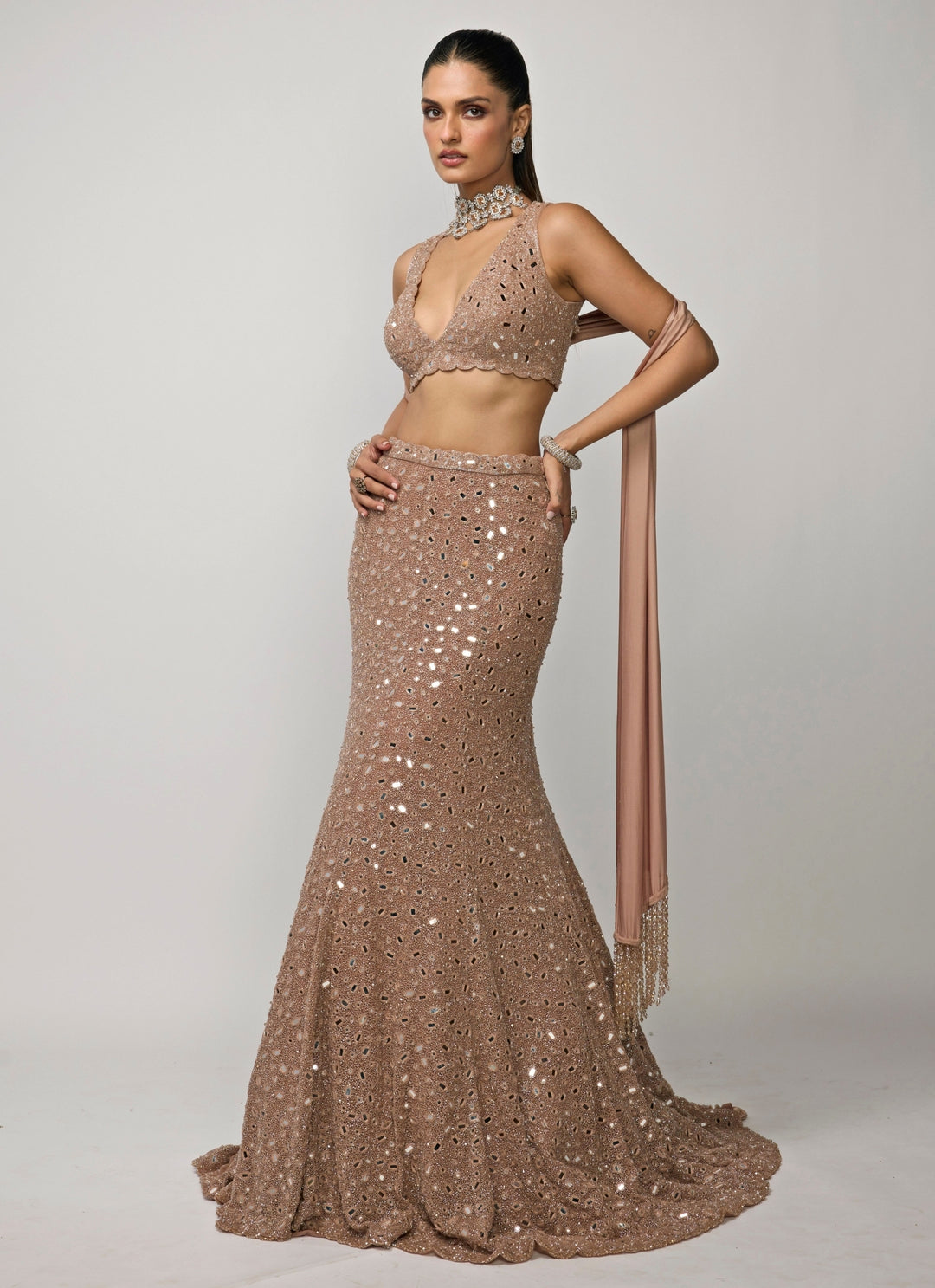 Copper Brown Soft Net Mermaid Lehenga Set