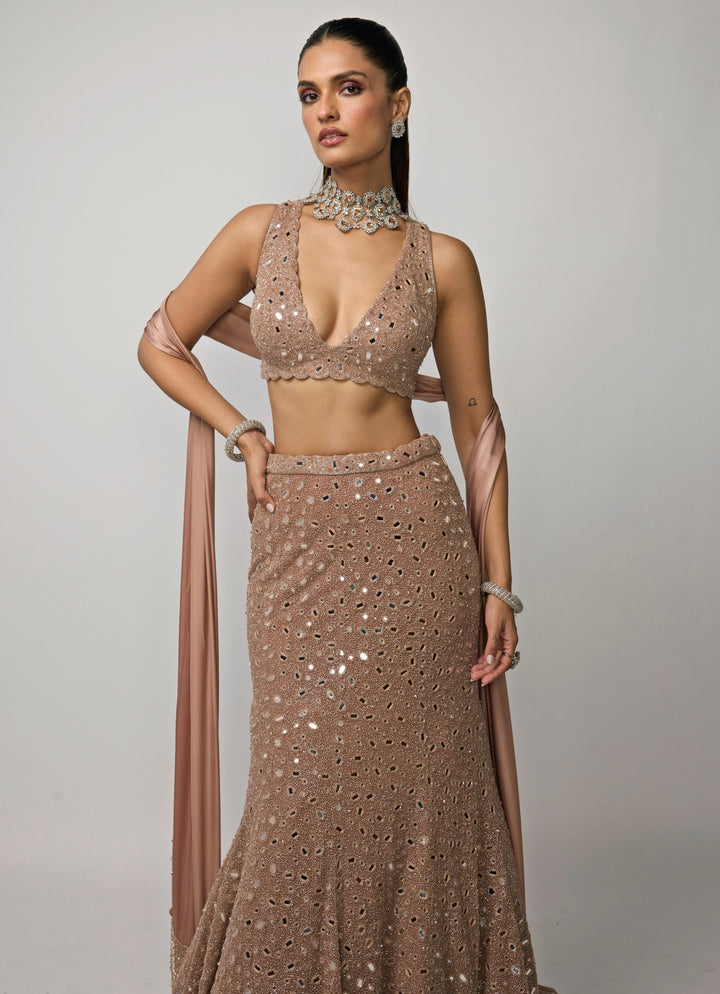 Copper Brown Soft Net Mermaid Lehenga Set
