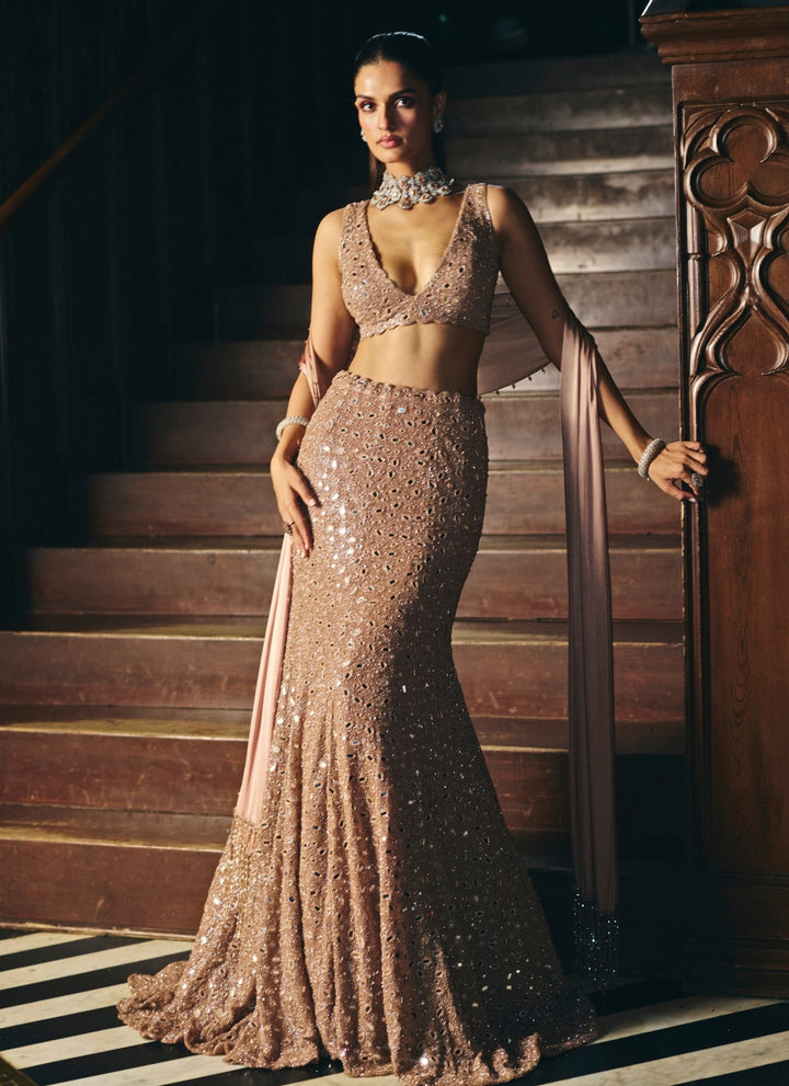 Copper Brown Soft Net Mermaid Lehenga Set