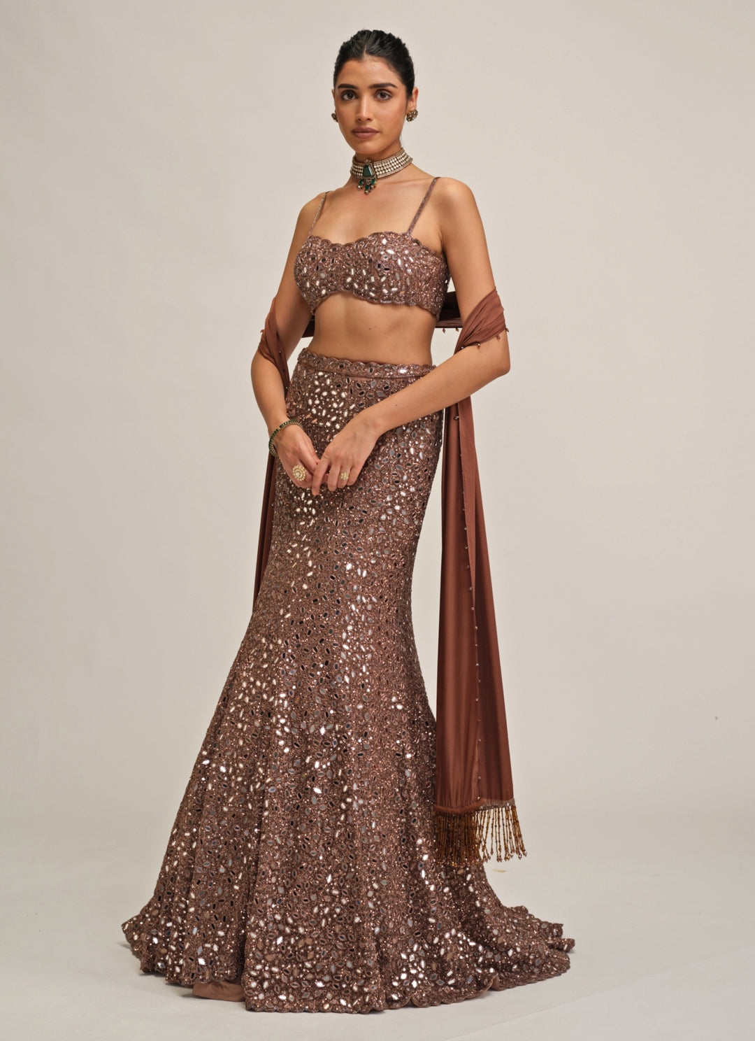 Metallic Brown Soft Net Mermaid Lehenga