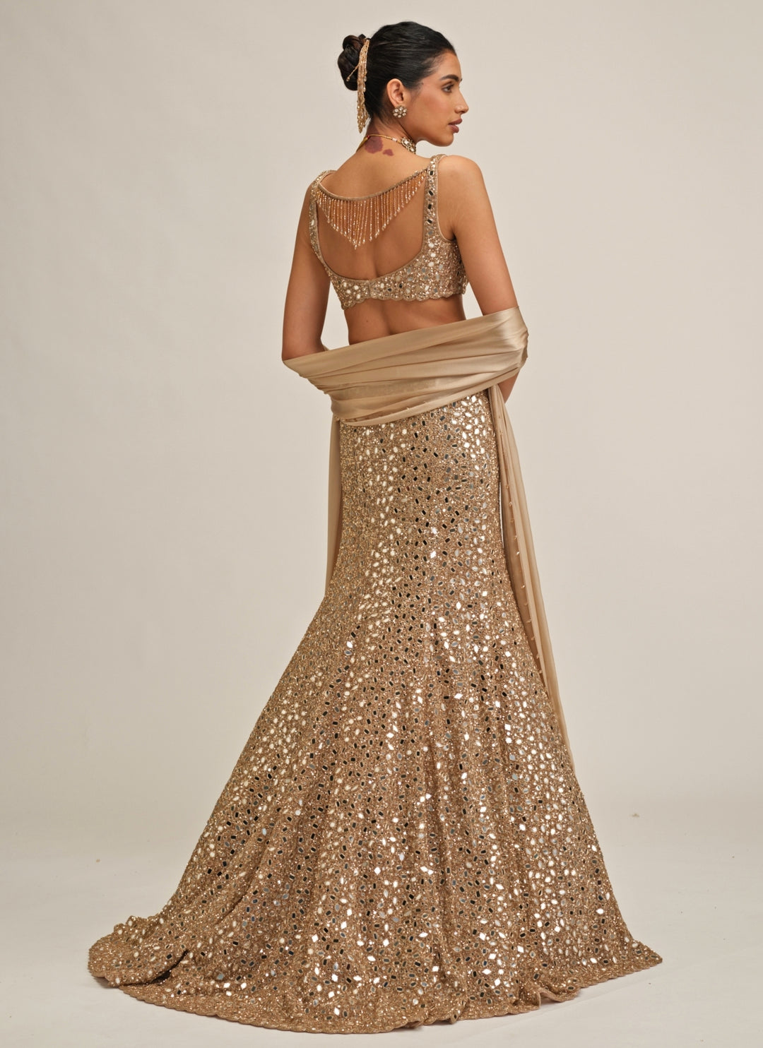 Beige Gold Soft Net Mermaid Lehenga