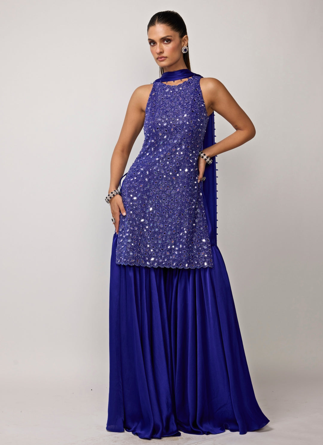 Blue Soft Net Kurta Sharara Set