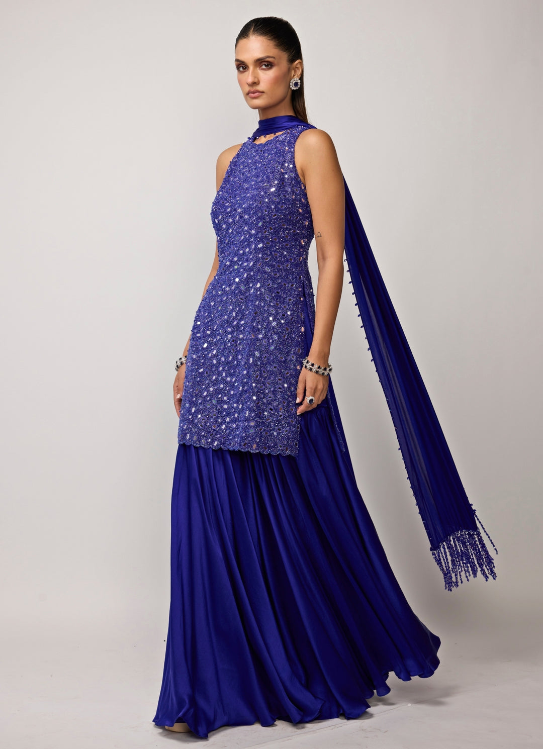 Blue Soft Net Kurta Sharara Set