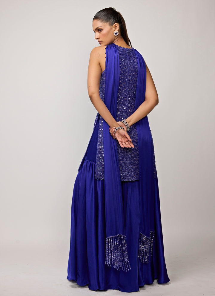 Blue Soft Net Kurta Sharara Set