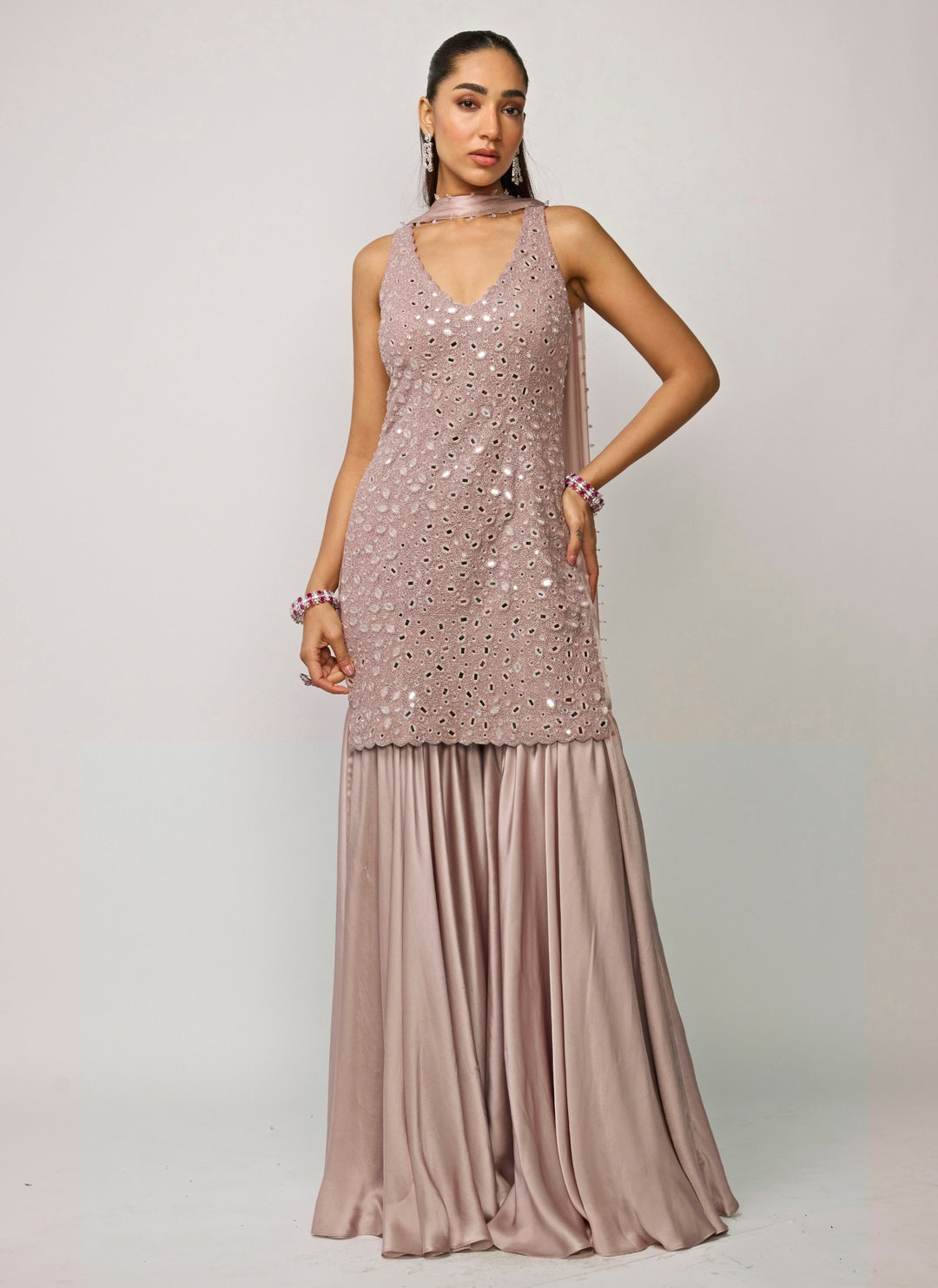 Ash Pink Soft Net Kurta Sharara Set