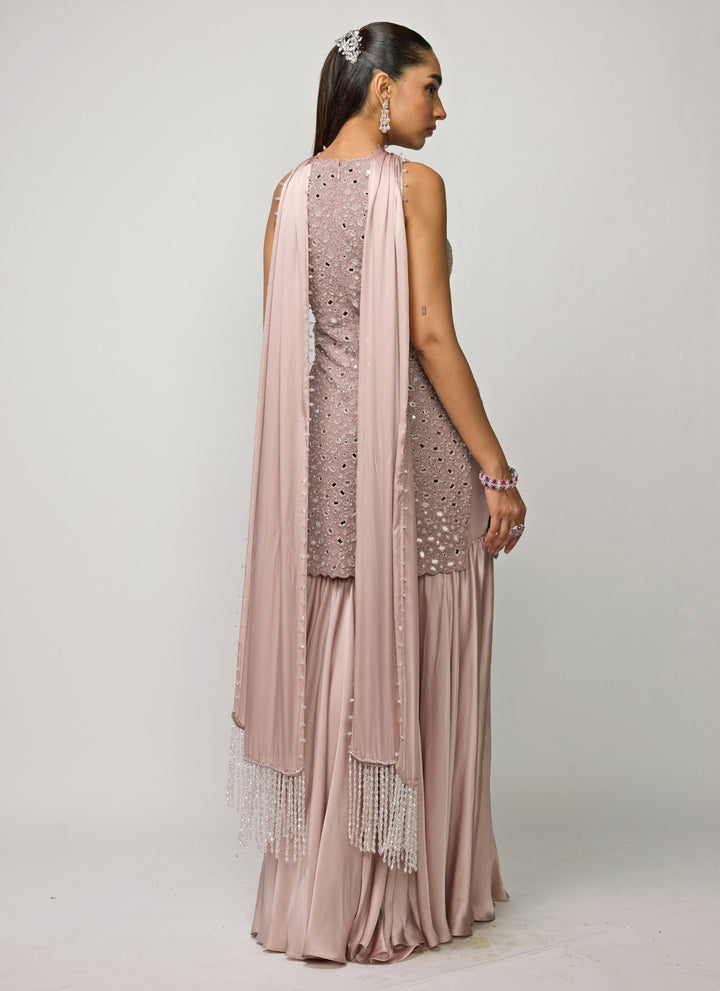 Ash Pink Soft Net Kurta Sharara Set