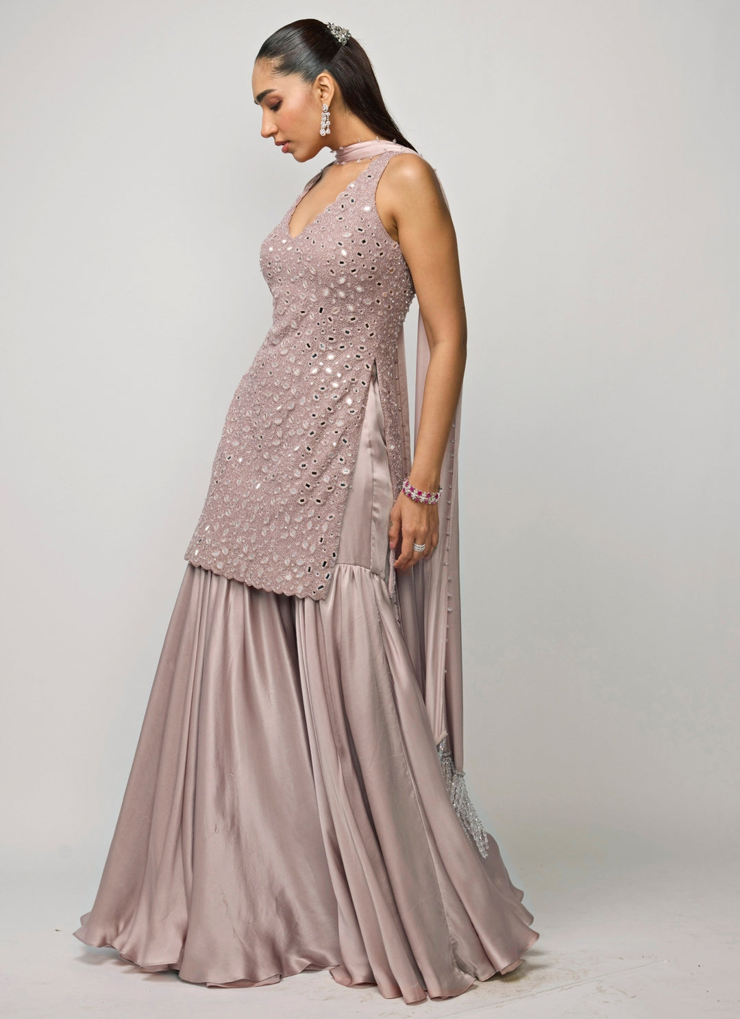 Ash Pink Soft Net Kurta Sharara Set