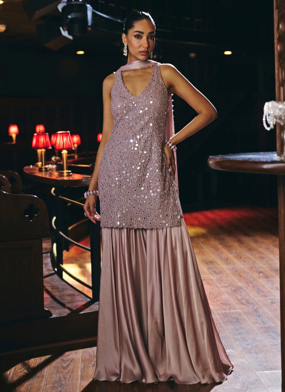Ash Pink Soft Net Kurta Sharara Set
