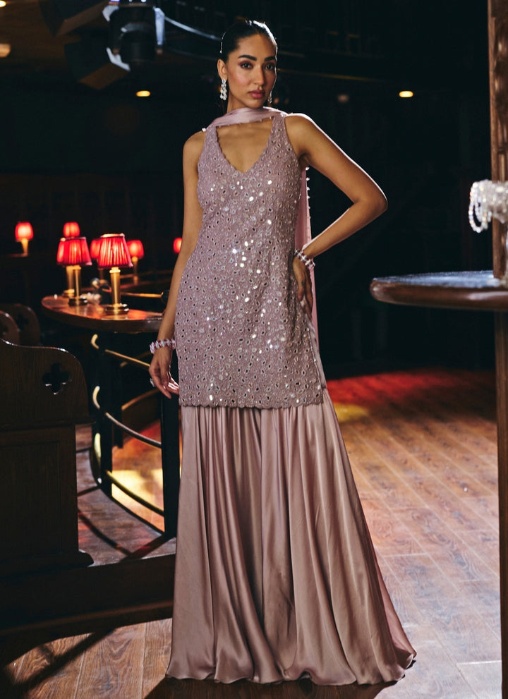 Ash Pink Soft Net Kurta Sharara Set