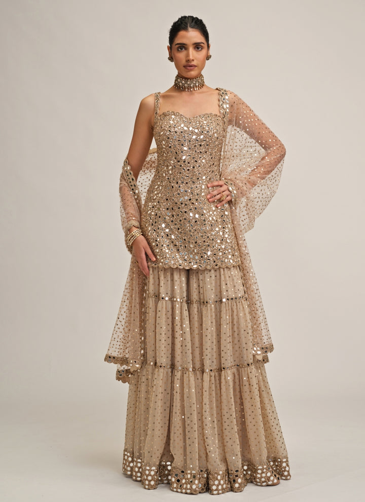 Beige Gold Georgette Kurta Sharara