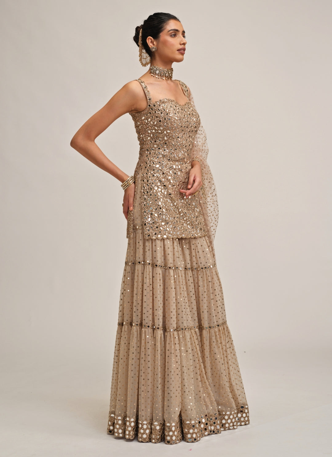 Beige Gold Georgette Kurta Sharara