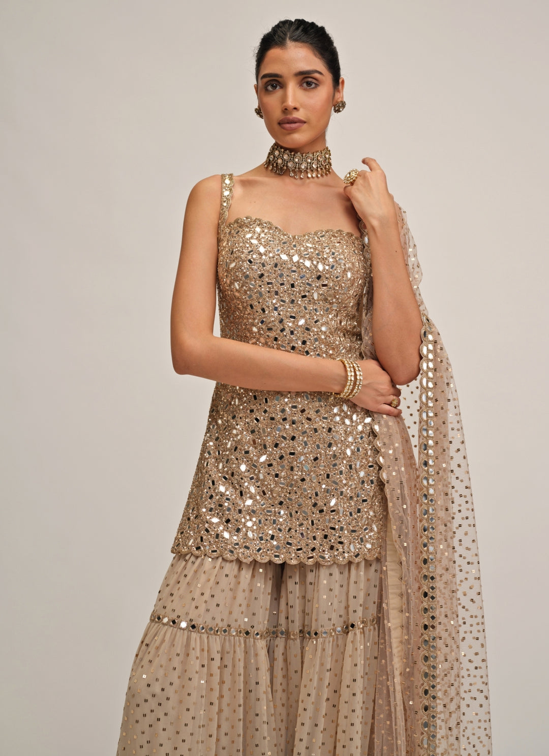 Beige Gold Georgette Kurta Sharara