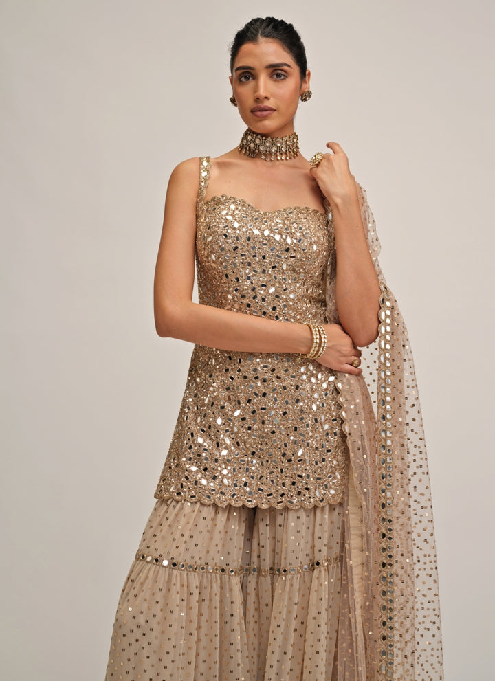 Beige Gold Georgette Kurta Sharara