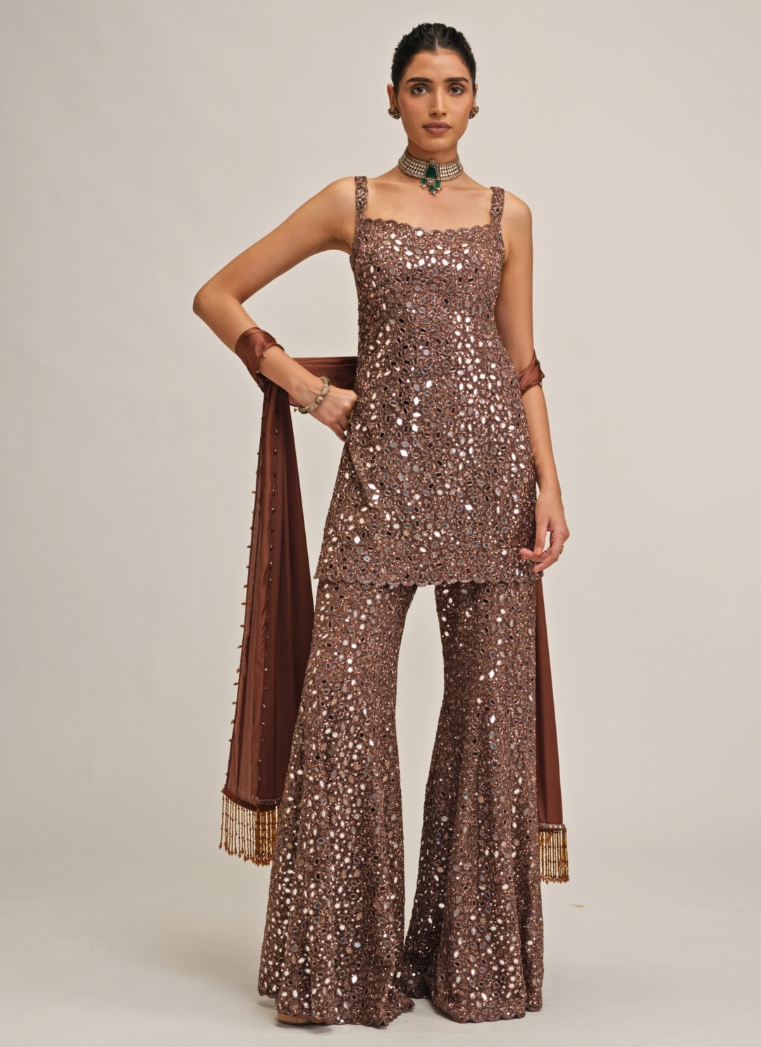 Metallic Brown Soft Net Kurta Sharara