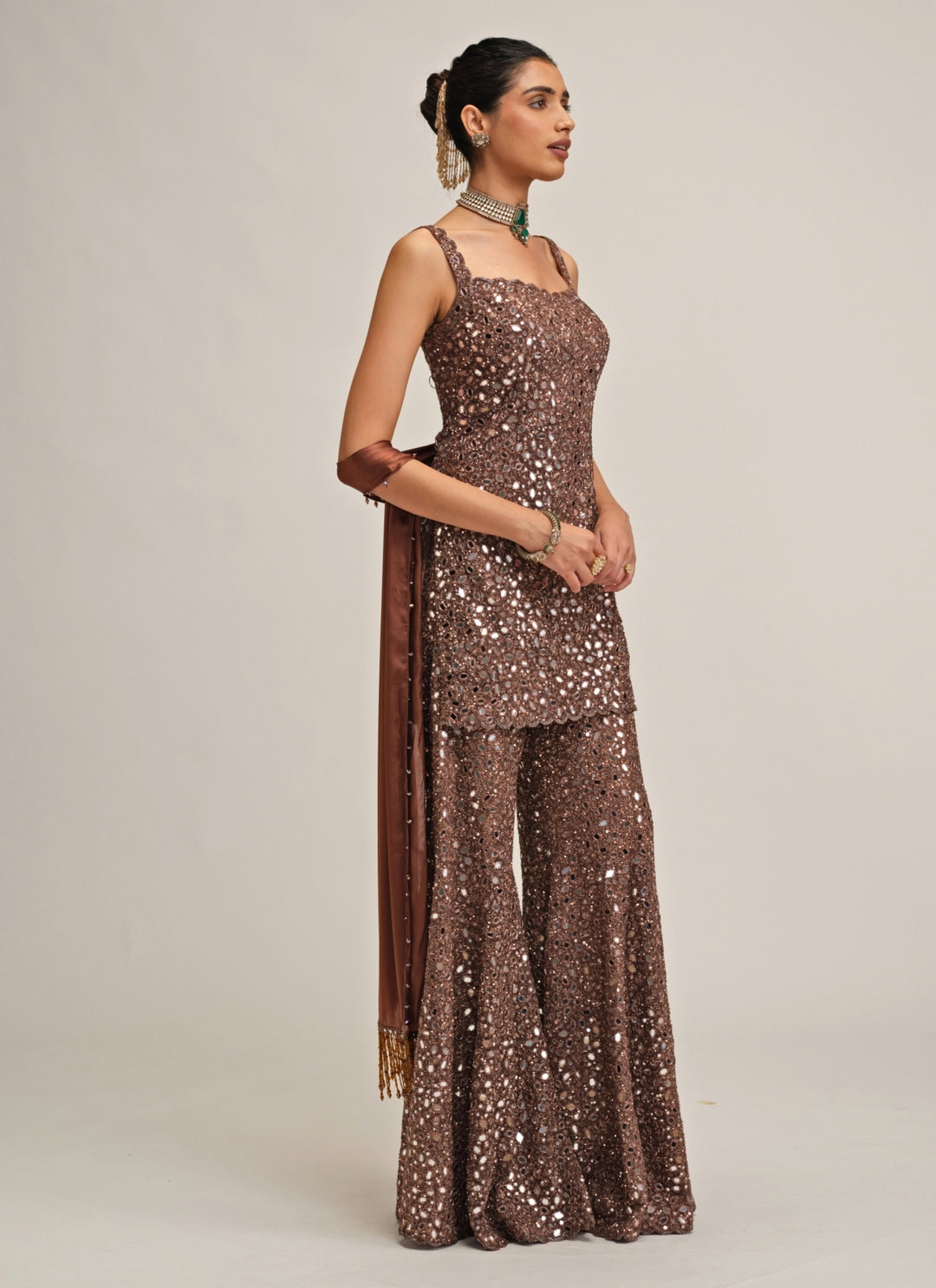 Metallic Brown Soft Net Kurta Sharara