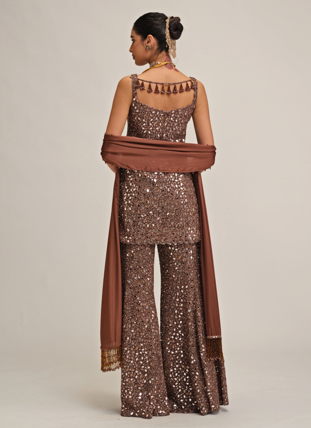 Metallic Brown Soft Net Kurta Sharara