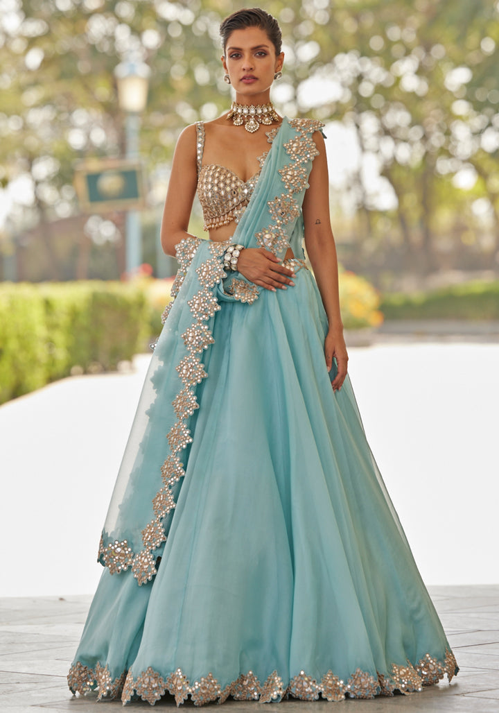 Powder Blue Organza Lehenga With Sleeveless Embroidered Blouse