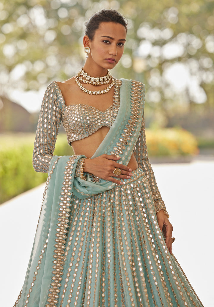 Powder Blue Linear Lehenga With Embroidered Full Sleeves Blouse