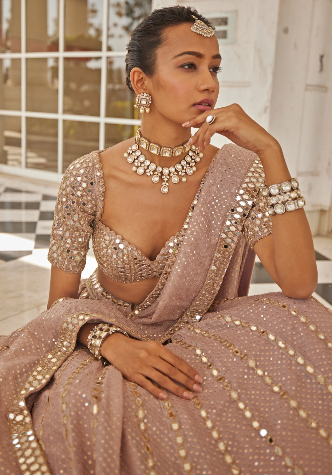 Pink Sequin And Mirror Lehenga Set With Elbow Length Blouse