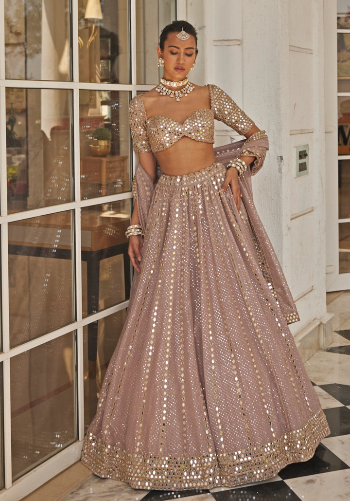Pink Sequin And Mirror Lehenga Set With Elbow Length Blouse