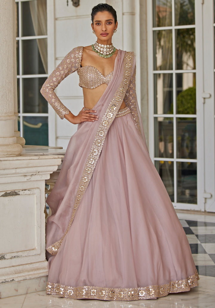 Pink Organza Lehenga With Embroidered Full Sleeves Blouse