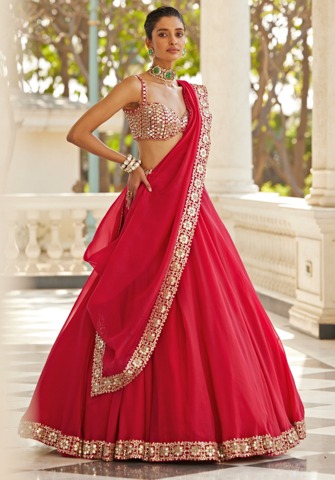 Royal Red Organza Lehenga With Embroidered Red Sleeveless Blouse