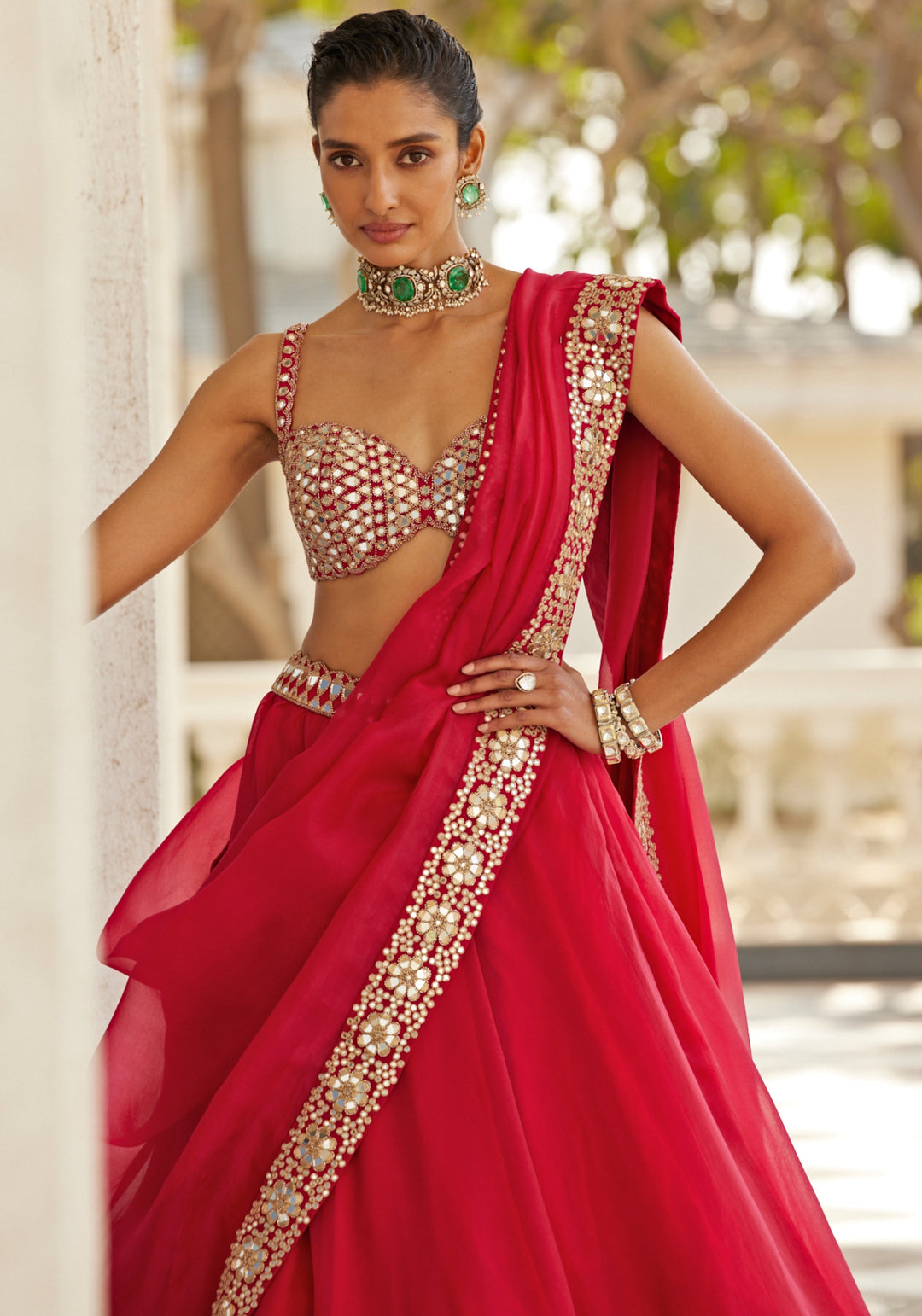 Royal Red Organza Lehenga With Embroidered Red Sleeveless Blouse