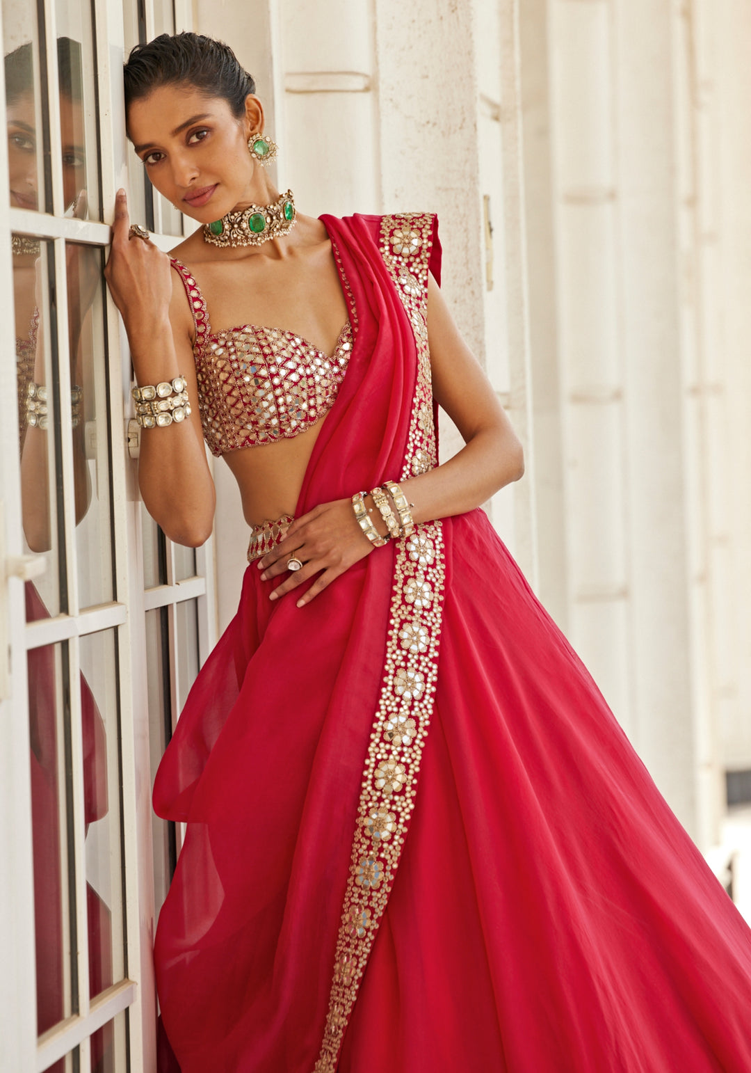 Royal Red Organza Lehenga With Embroidered Red Sleeveless Blouse