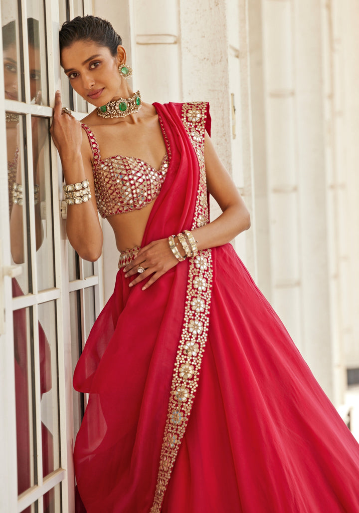 Royal Red Organza Lehenga With Embroidered Red Sleeveless Blouse