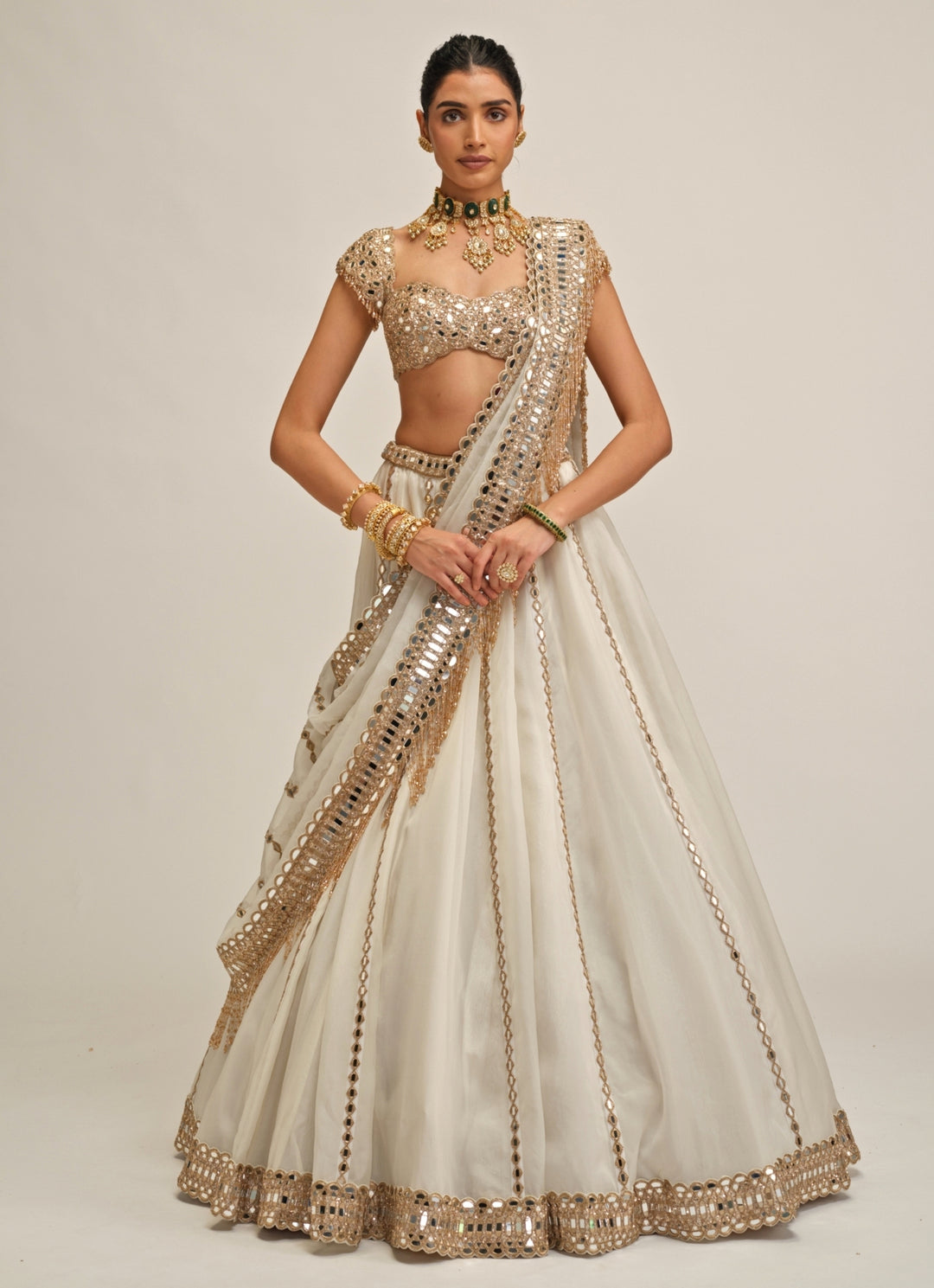 Ivory Organza Linear Lehenga