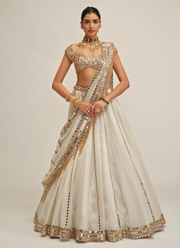 Ivory Organza Linear Lehenga