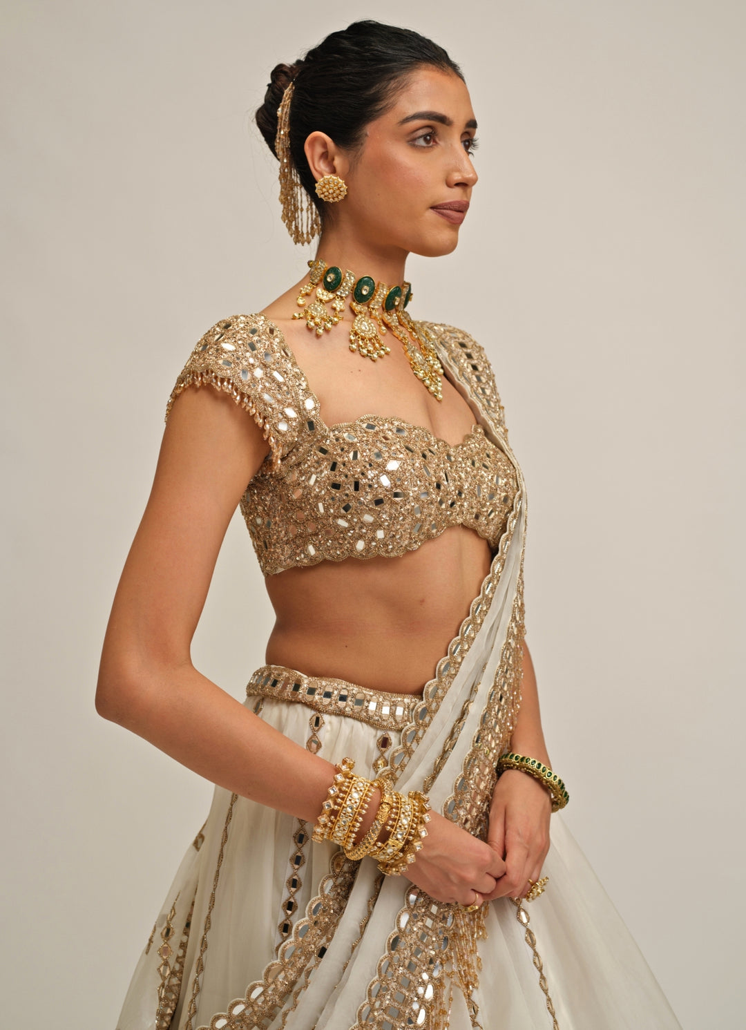 Ivory Organza Linear Lehenga