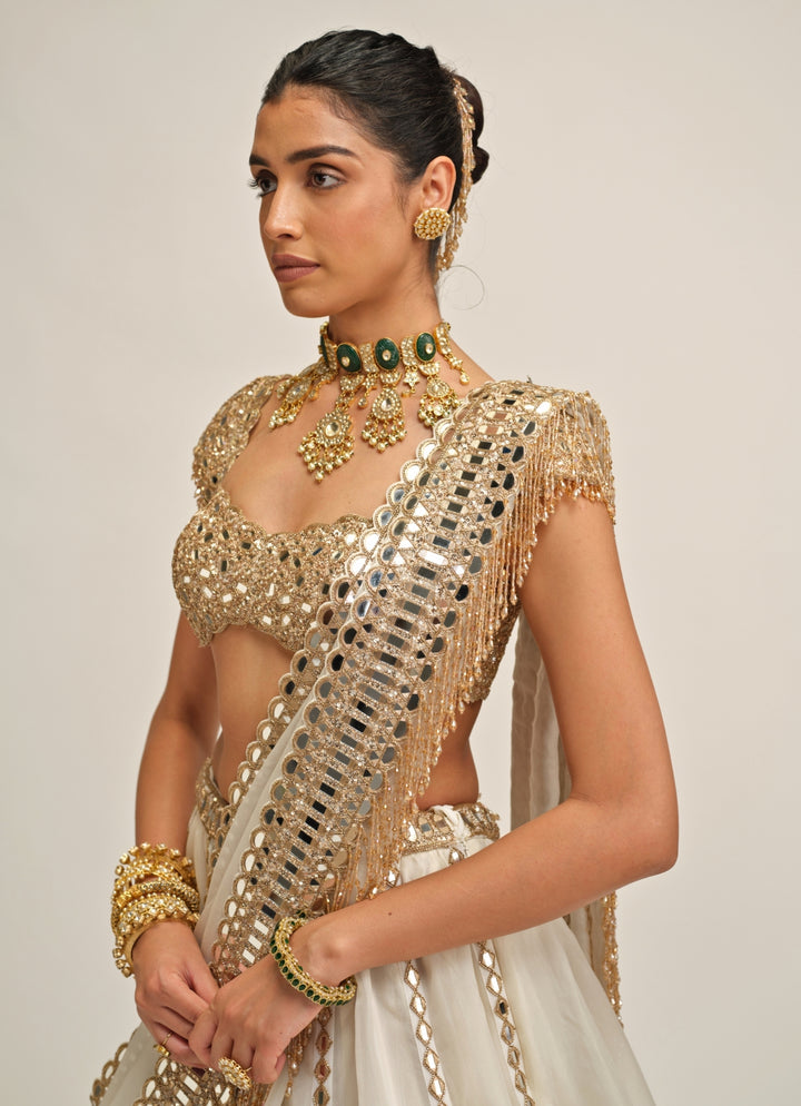 Ivory Organza Linear Lehenga
