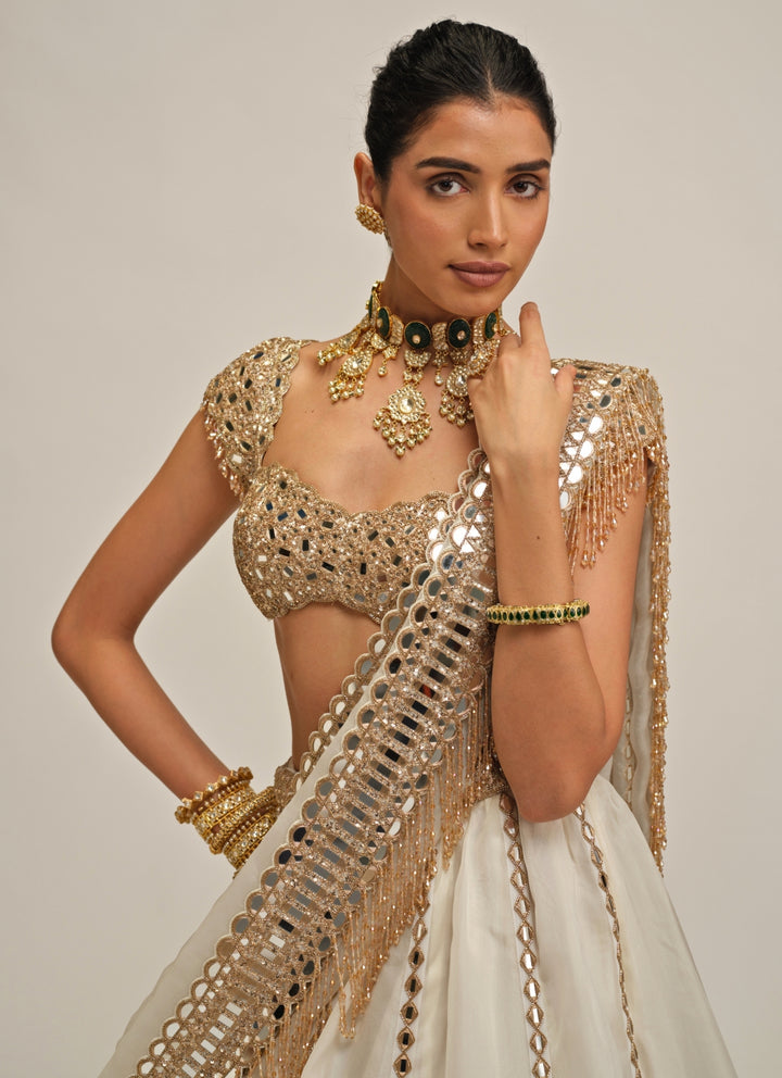 Ivory Organza Linear Lehenga