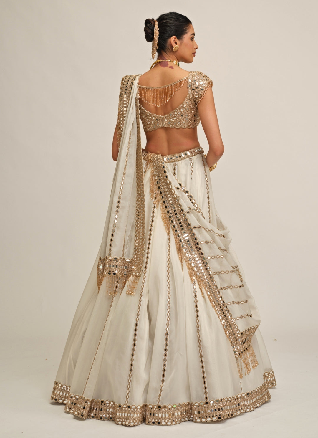 Ivory Organza Linear Lehenga